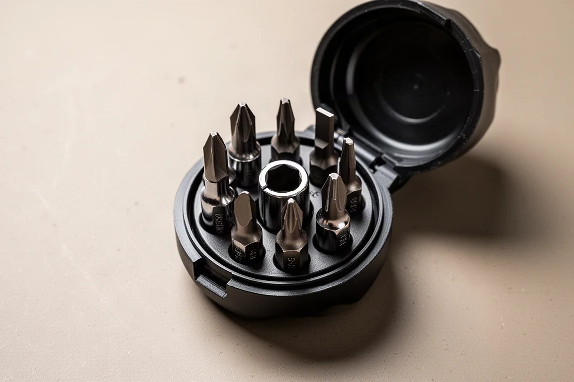 Six screwdriver bits arranged in a circle inside an open end cap