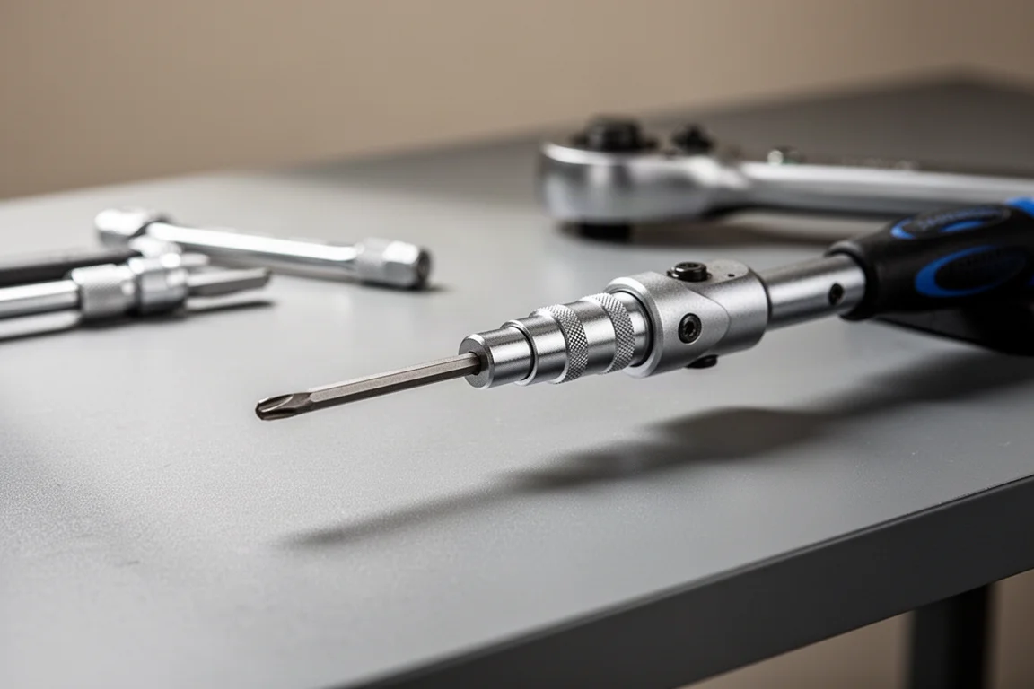 Torque testing setup with a small screwdriver attached to a torque adapter