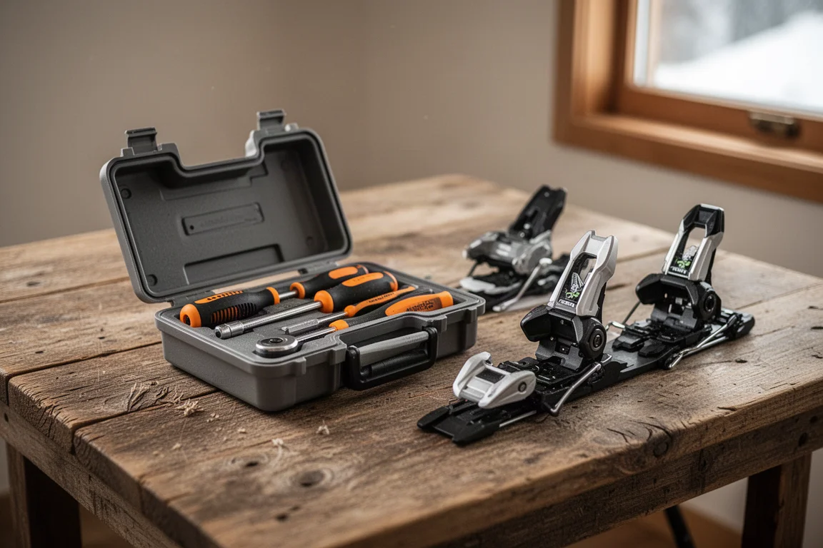 Backcountry ski repair scene with a small screwdriver kit laid out on a wooden table