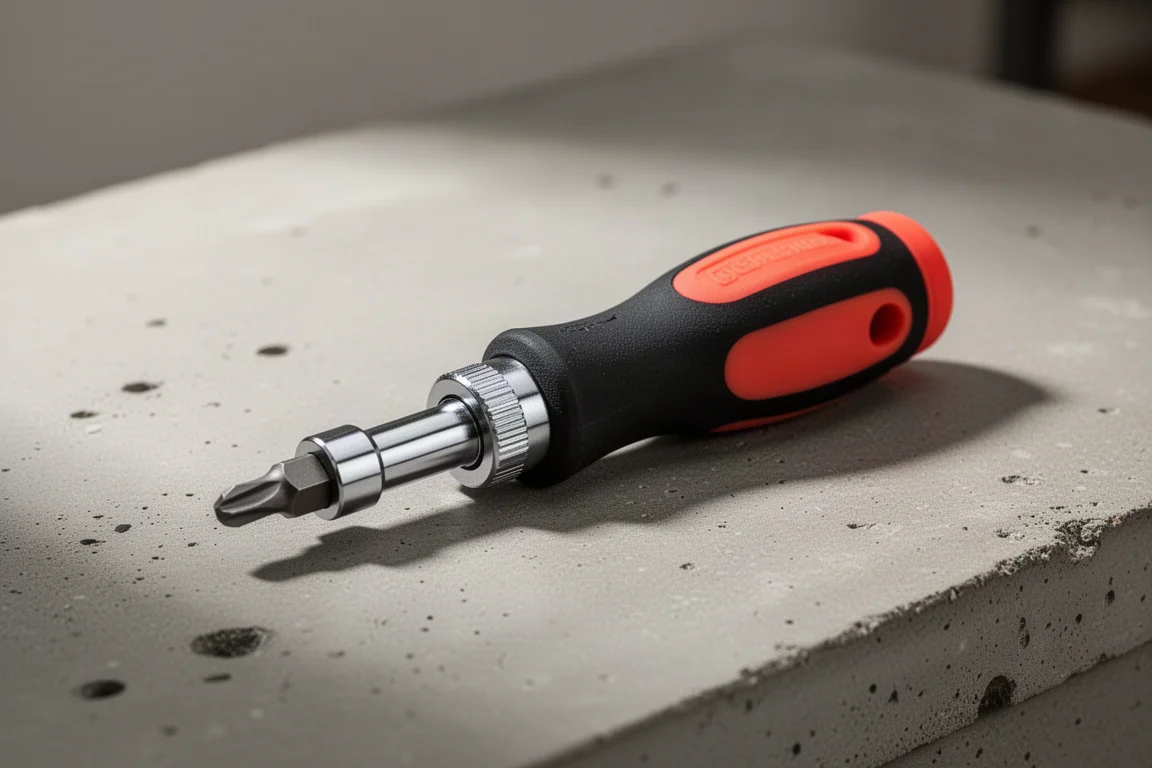 Compact stubby ratcheting screwdriver on a matte concrete workbench