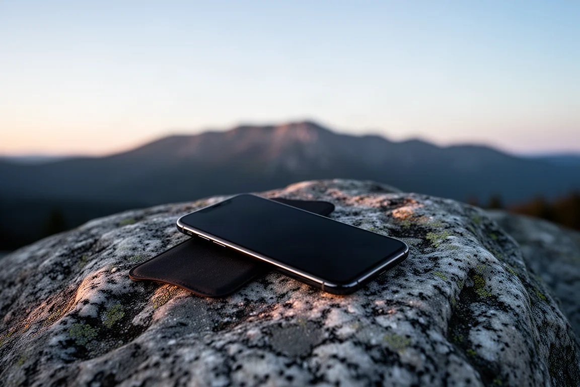 Smartphone met het scherm naar boven op een granieten rotsblok, met bergen op de achtergrond