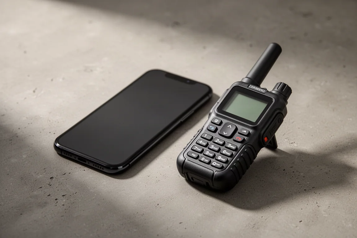 Smartphone and rugged handheld satellite communicator side by side on concrete