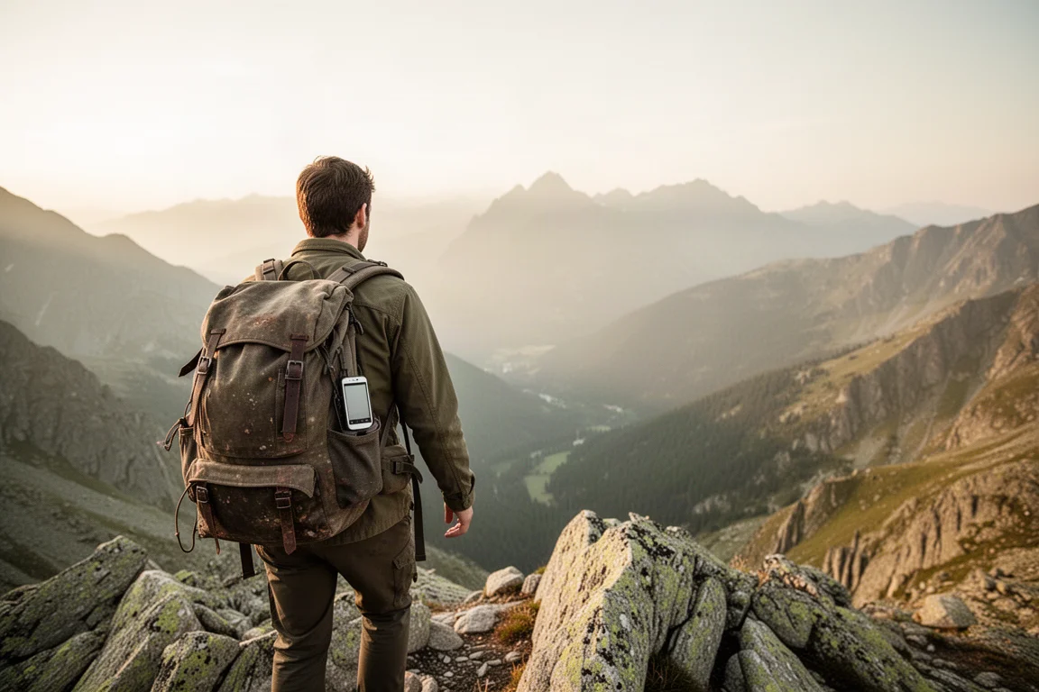Hiker on a rocky ridge at golden hour with a handheld satellite device on the shoulder strap