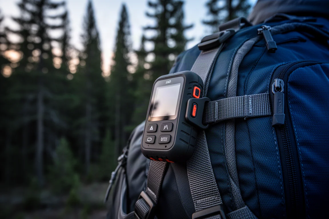 Compact satellite messenger clipped to a backpack strap with pine forest blurred behind