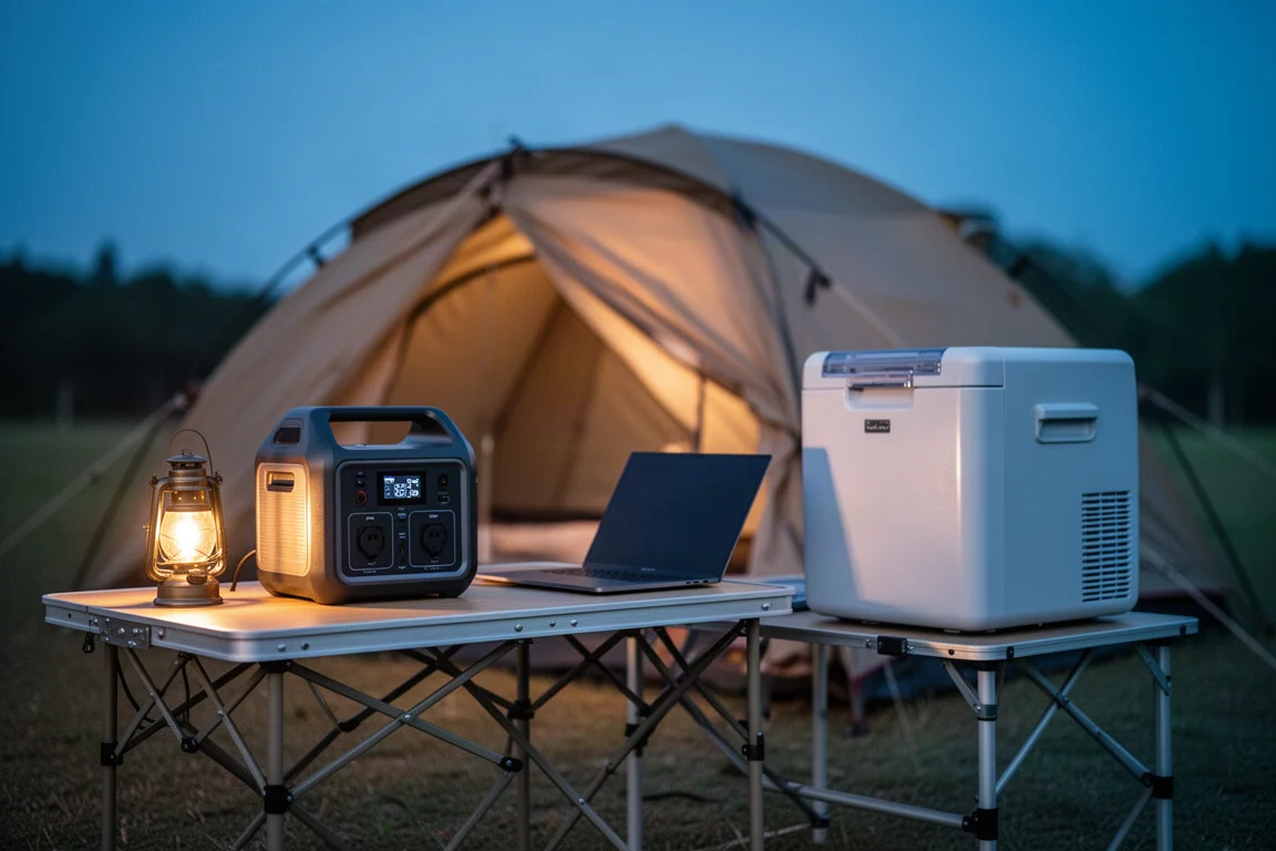 Portable power station on a camp table at dusk beside a laptop and a lit tent