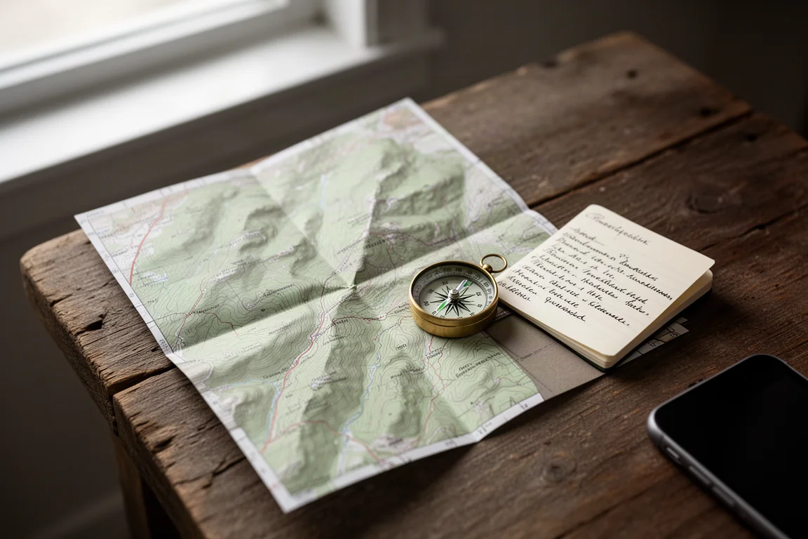 Overhead flat-lay of a topographic map, compass, notebook and handheld device on wood