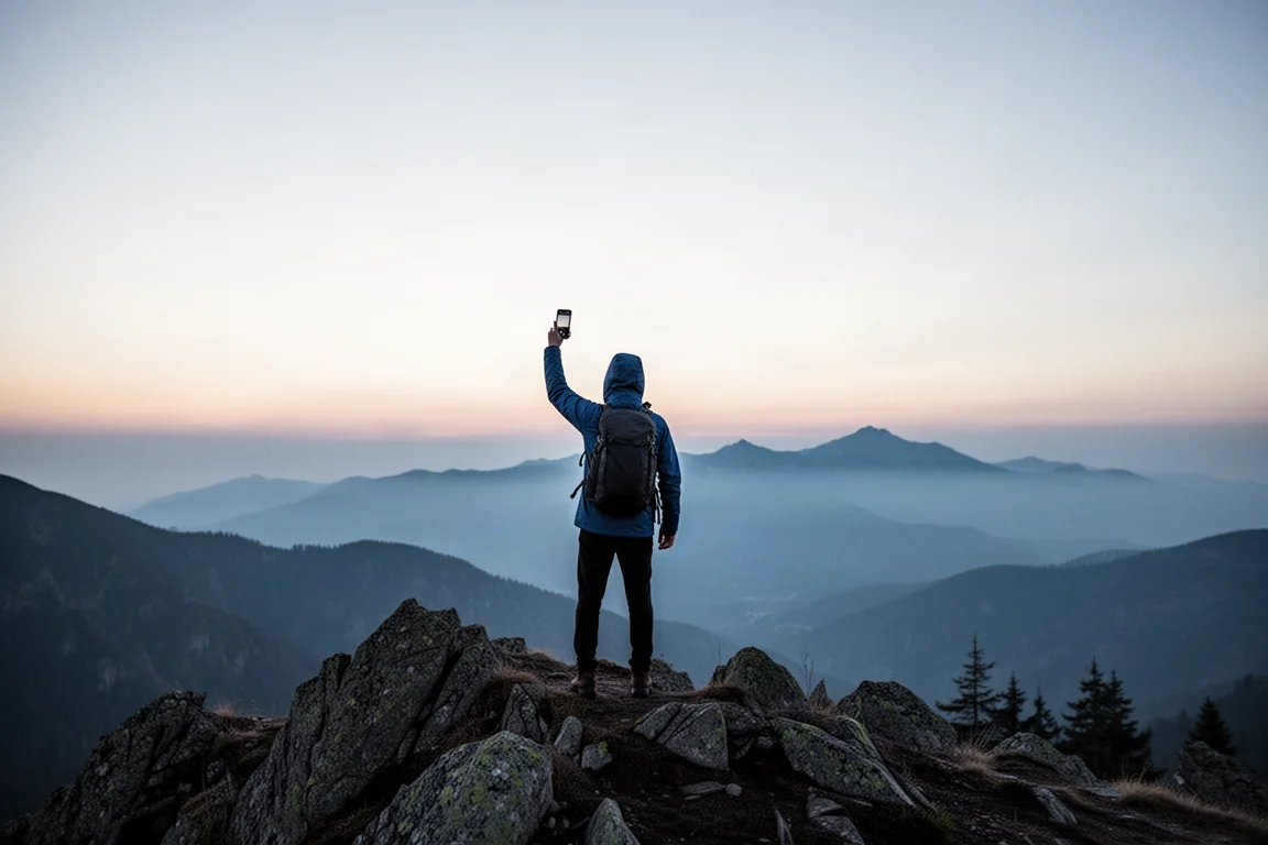 Randonneur au loin sur une crête rocheuse au crépuscule, tenant un téléphone vers un ciel dégagé