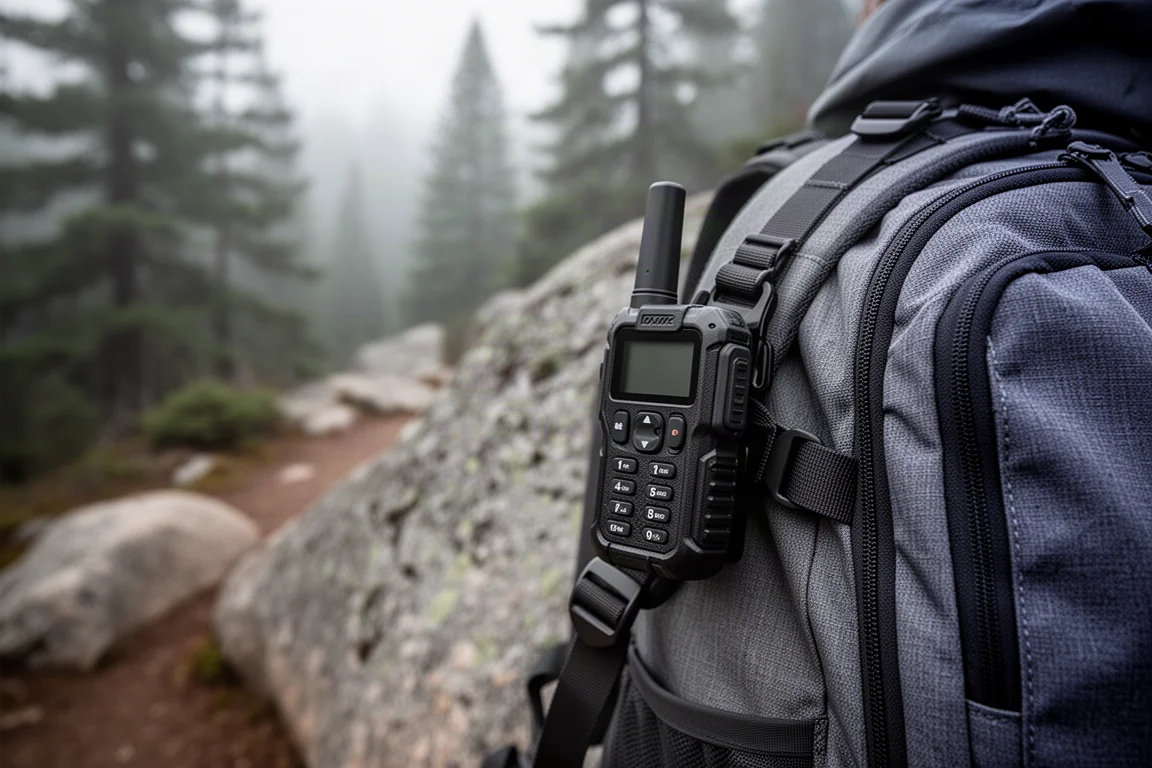Communicateur satellite compact fixé à la sangle d'un sac à dos au-dessus d'un sentier granitique
