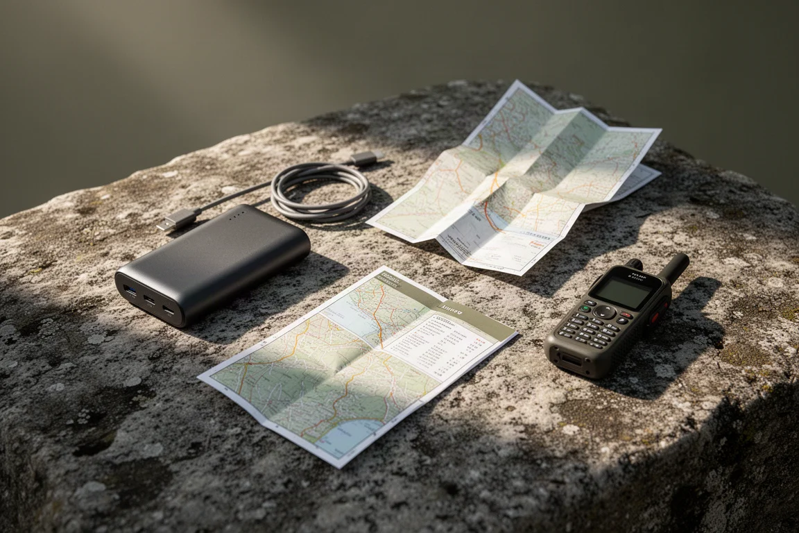 Vue à plat d'une batterie externe, d'un câble, d'une carte et d'un communicateur sur du granit patiné