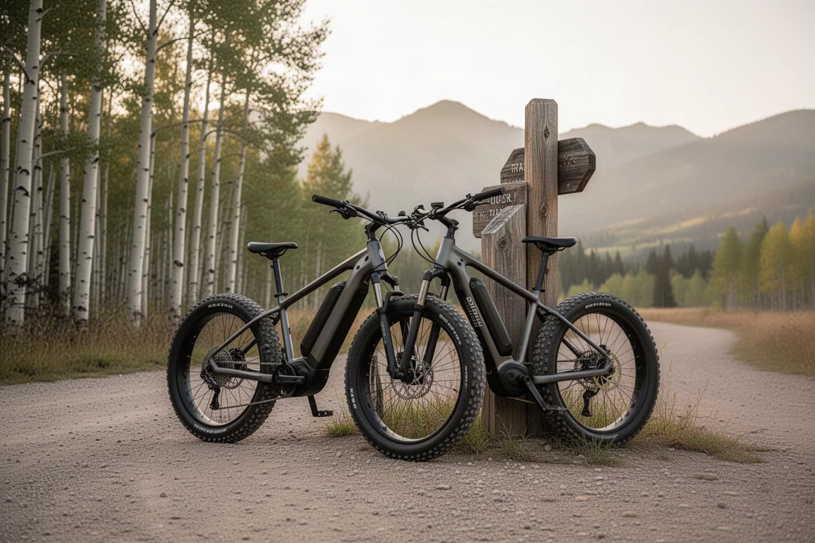 Vélo électrique à pneus larges appuyé contre un panneau en bois sur un chemin de gravier