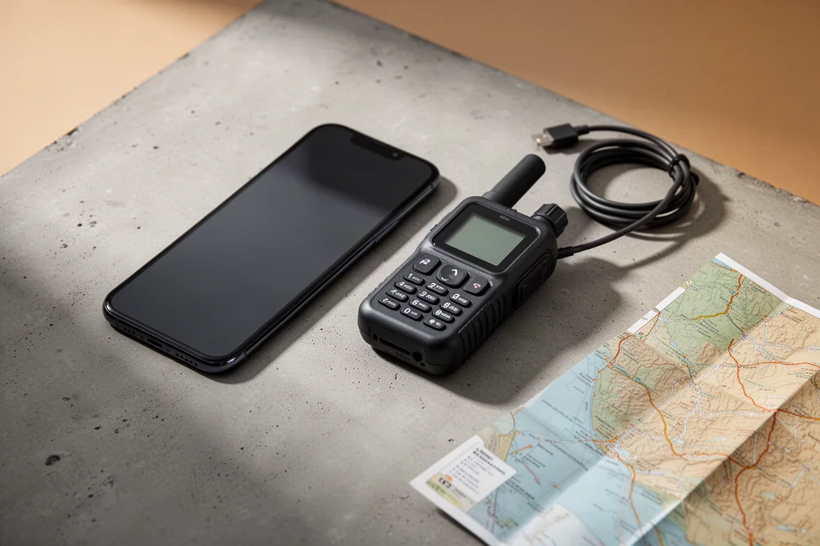 Smartphone, kompakter Satellitenkommunikator, Kabel und Karte auf einer Betonfläche arrangiert