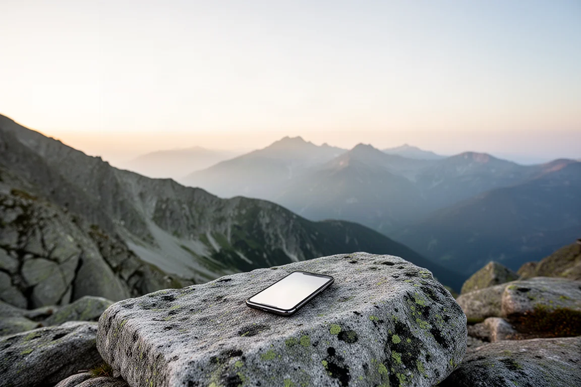 Smartphone vilande på en granitblock på en alpinkam under öppen himmel
