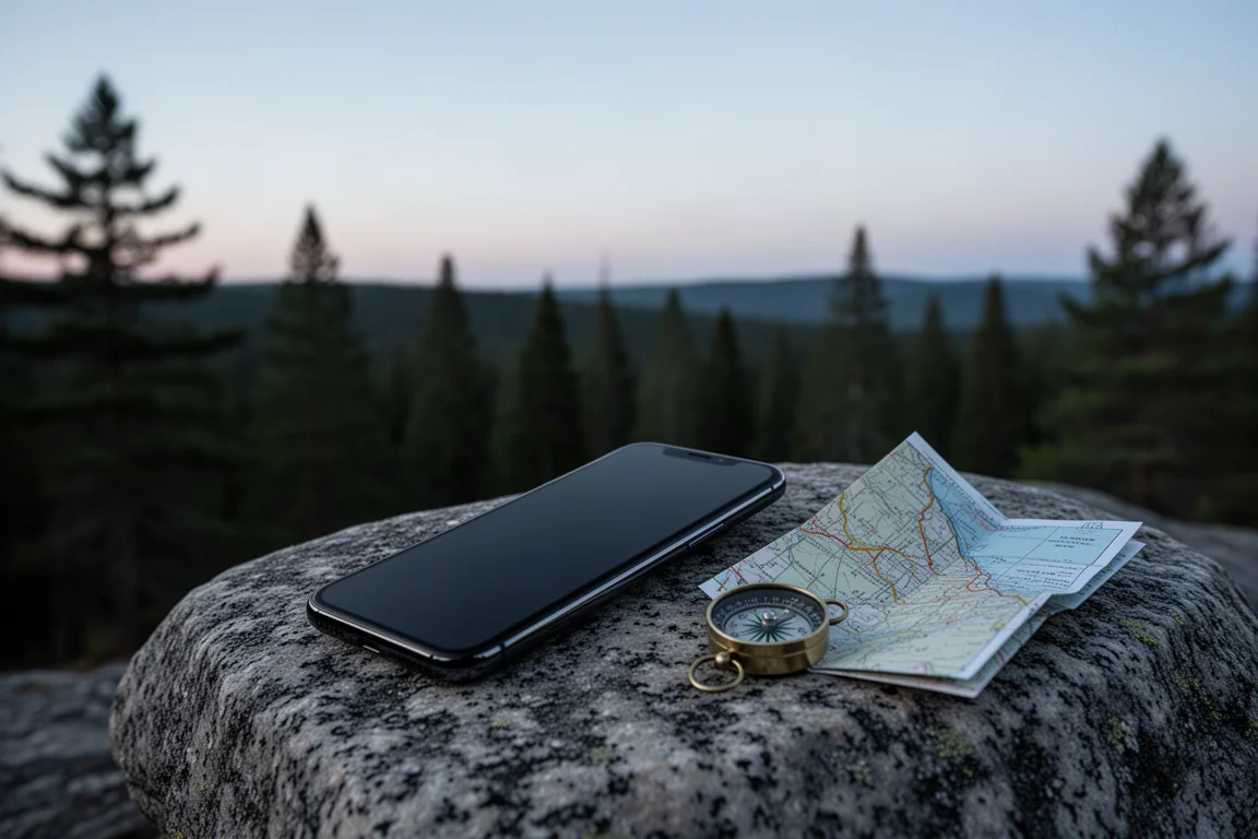 Smartphone inclinado para o céu sobre uma pedra de granito ao lado de um mapa de papel ao anoitecer