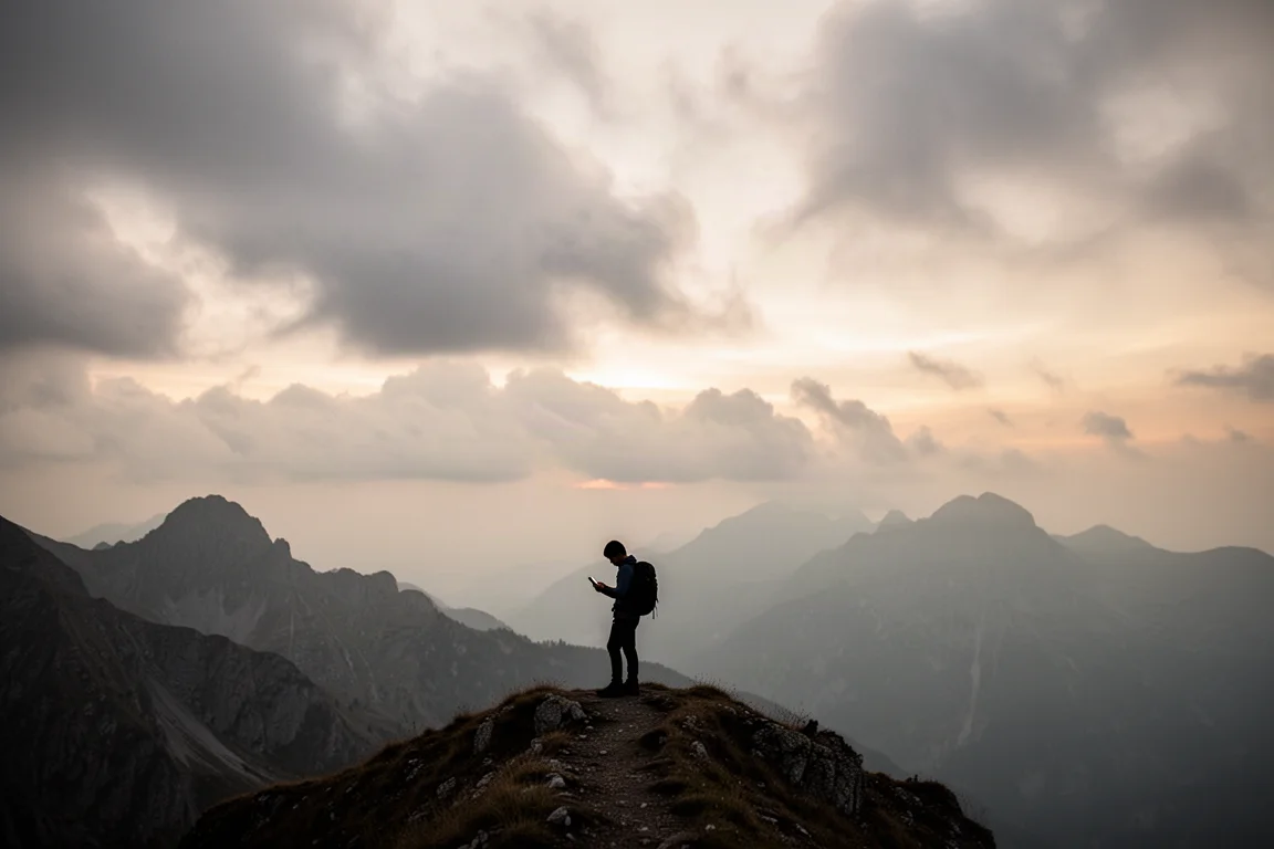 Randonneur sur une crête alpine au crépuscule consultant un appareil satellitaire portable