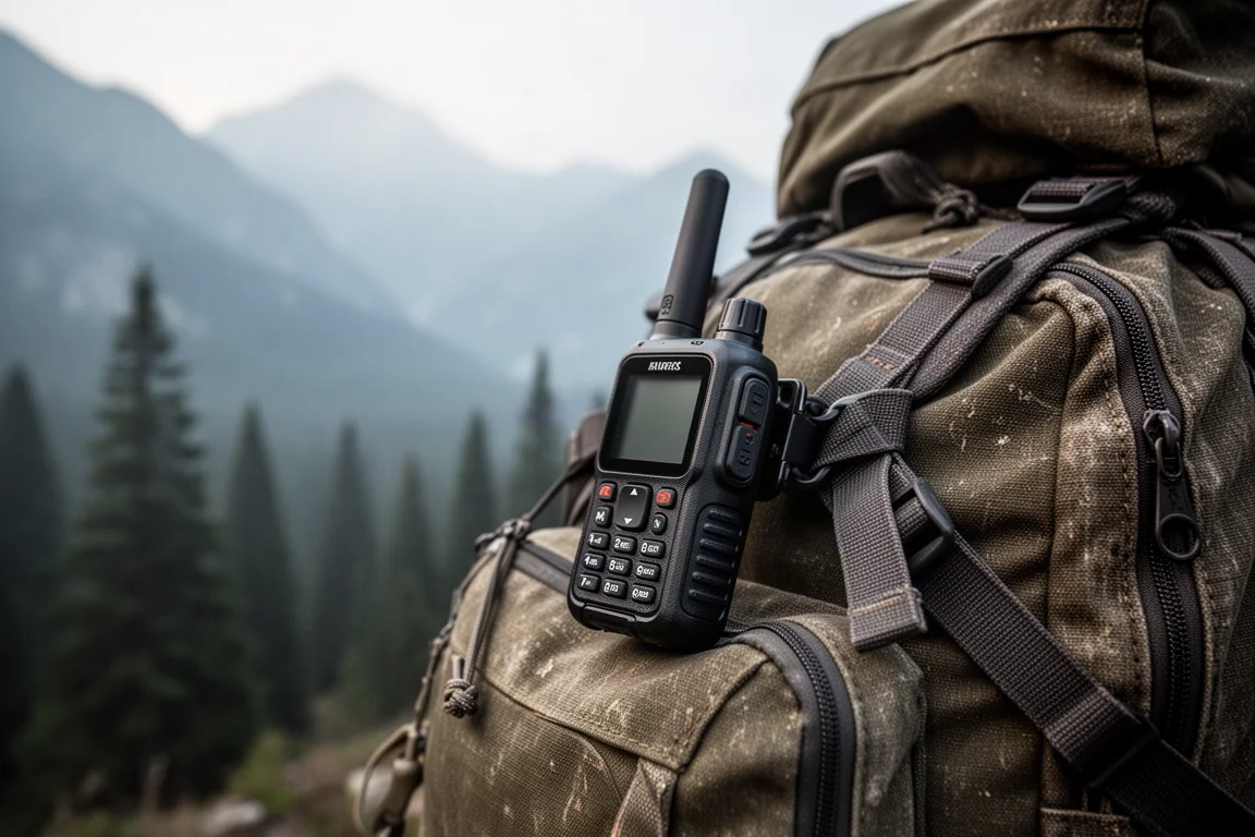 Communicateur satellitaire robuste clipsé à une sangle de sac à dos au-dessus d'une vallée de montagne