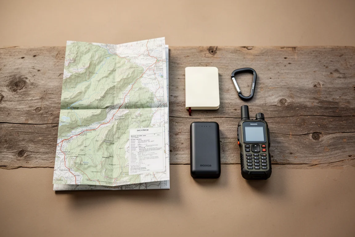 Vue à plat d'une carte topographique, d'un carnet, d'une batterie externe et d'un communicateur portable