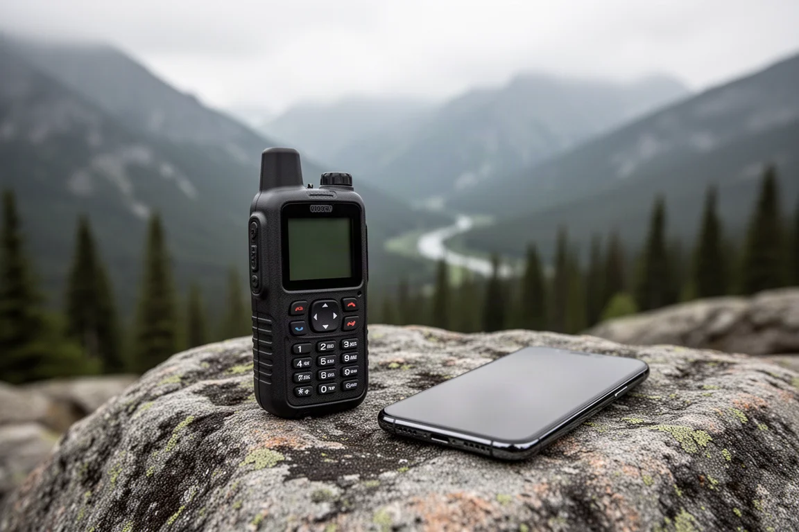 花崗岩の上に置かれた衛星通信機とスマートフォン、背後に山の谷が広がる