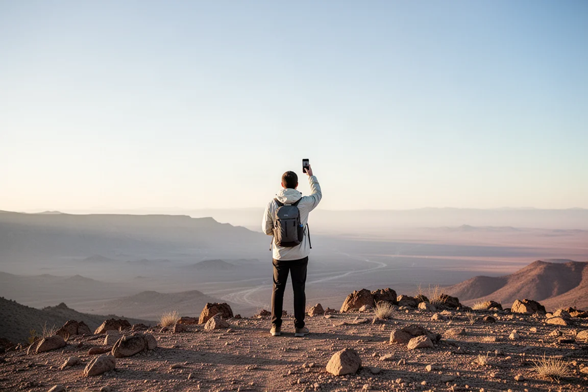 Hiker seen from behind holding a phone up to a clear sky on an open rocky ridge