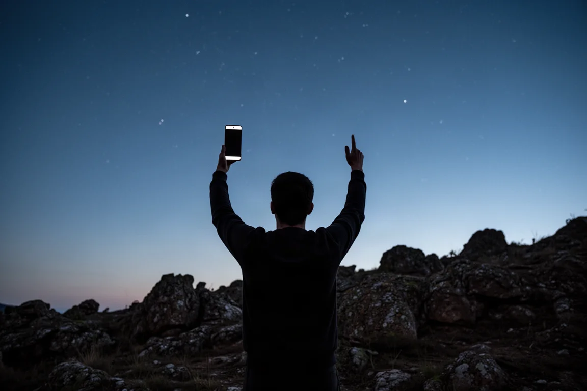 Person silhouetted at dusk holding a phone toward the sky above a rocky ridge