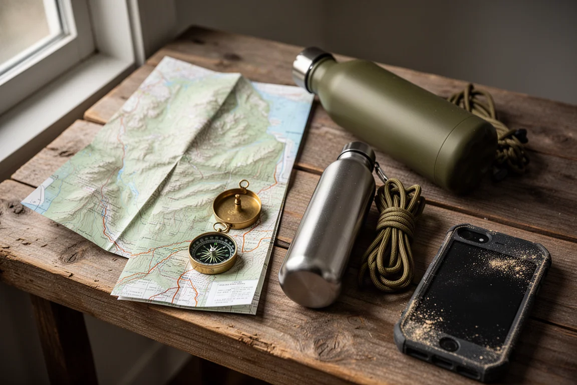 Overhead flat-lay of a map, compass, water bottle and rugged phone on wood