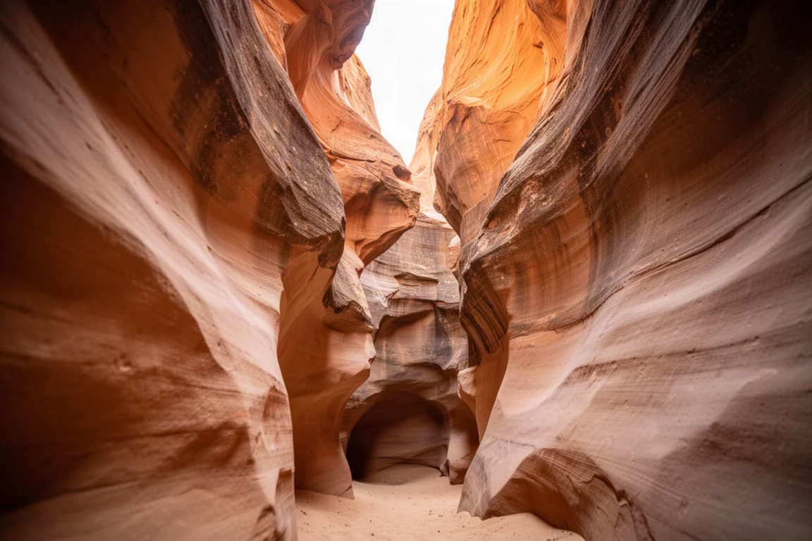 Narrow sandstone slot canyon with a thin sliver of bright sky above
