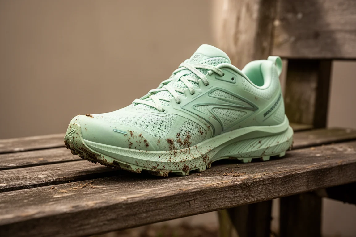 Stark genutzter Trail-Schuh zeigt nach vielen Laufmeilen Schmutz und Abnutzung