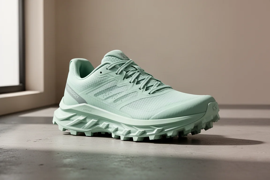 Pale jade trail running shoe with stacked midsole and lugged outsole on concrete