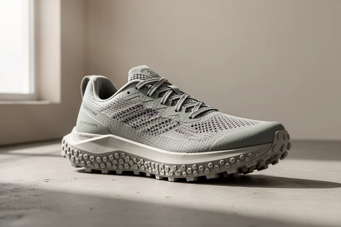 Scarpa da trail running Satisfy Rocker con tasselli circolari su una superficie in cemento