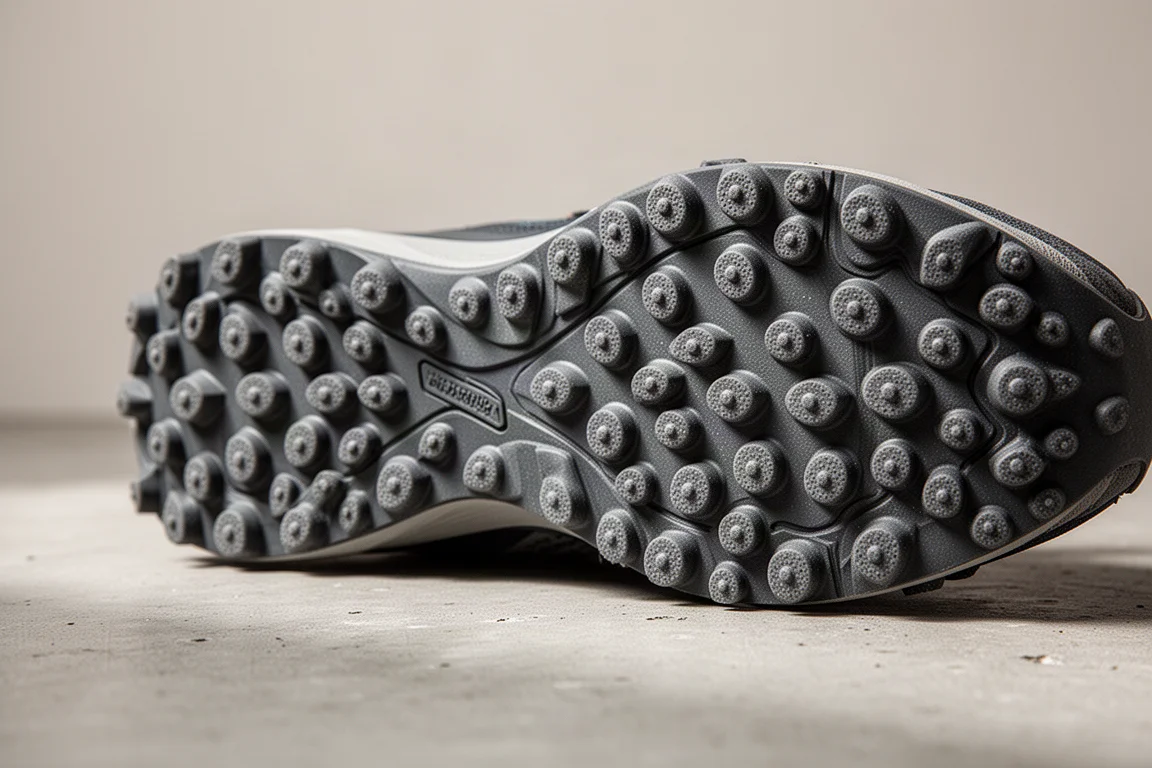 Nahaufnahme runder, konischer Außensohlen-Stollen an einem Trail-Schuh