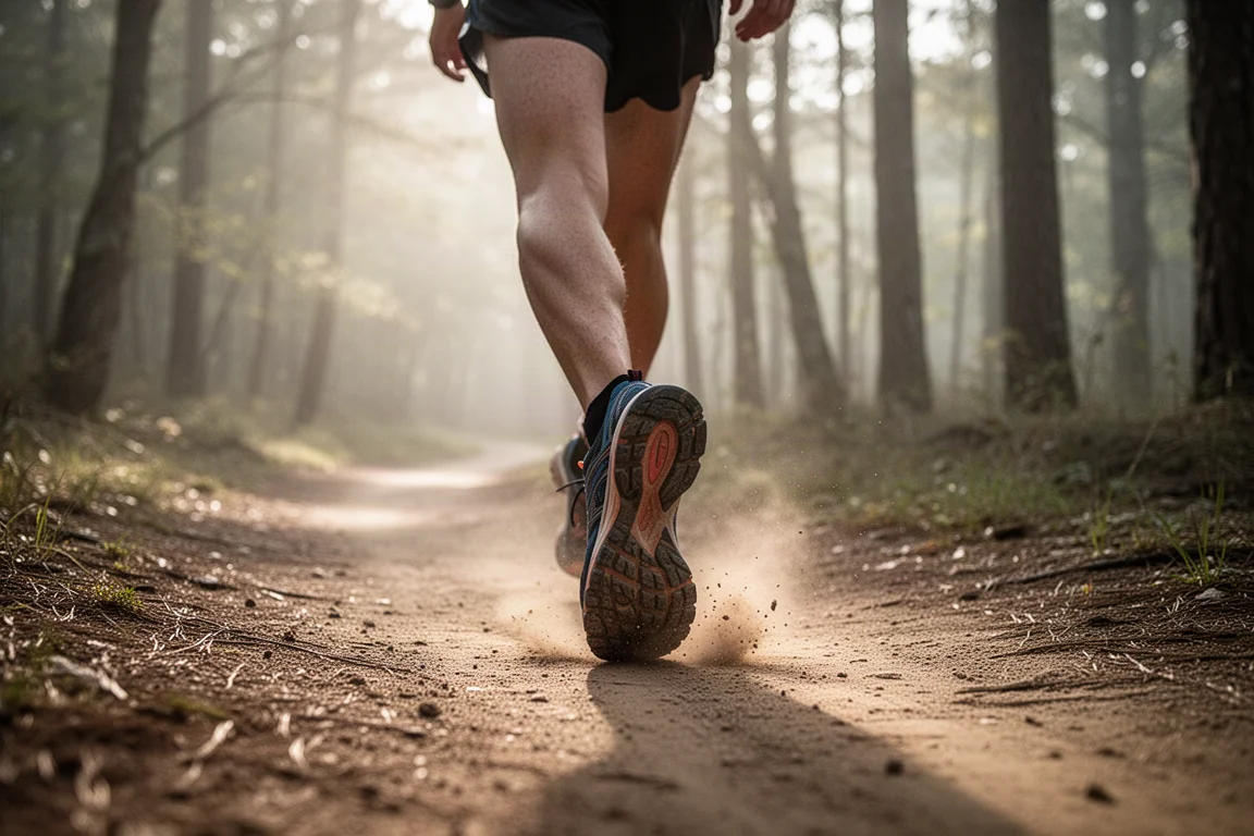 Trailrunner die over een verharde zandpad door licht bos beweegt