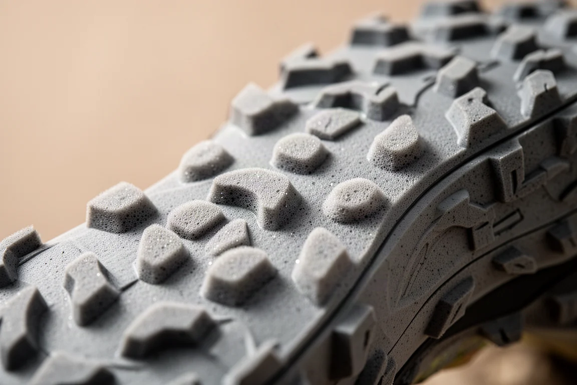Close-up van de tussenzool van een trailschoen met gegolfde bandprofiel-achtige zijkant