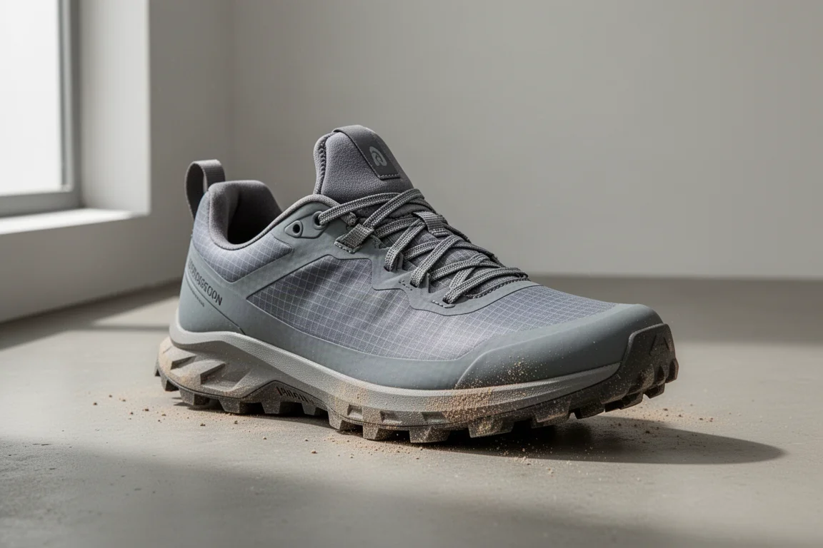 Scarpa da trail grigia Satisfy The Rocker vista a tre quarti su cemento