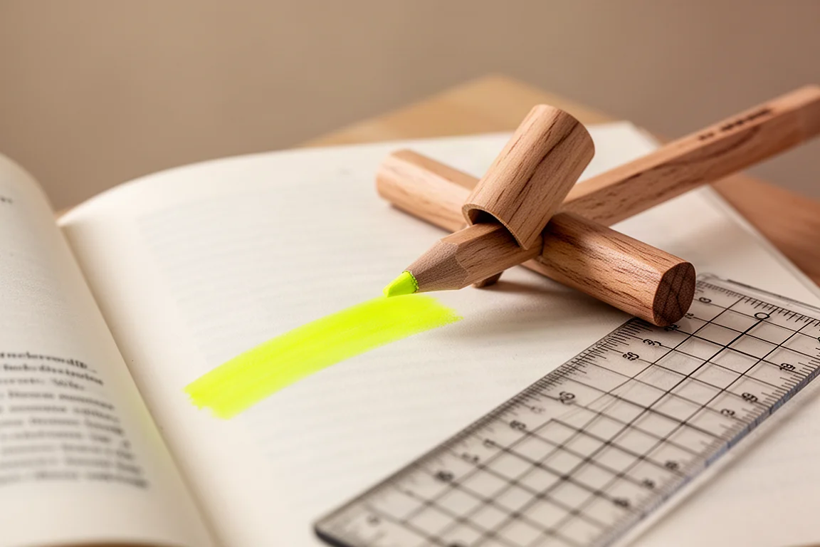 Markeerstift in potloodvorm die een fel fluorescerende streep op een pagina van een paperback zet
