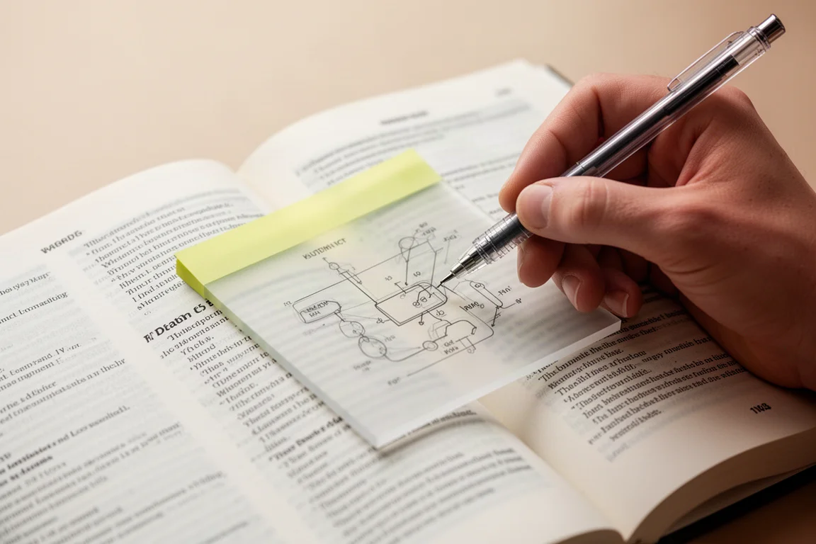 Transparant memoblaadje geplaatst over een afbeelding in een schoolboek