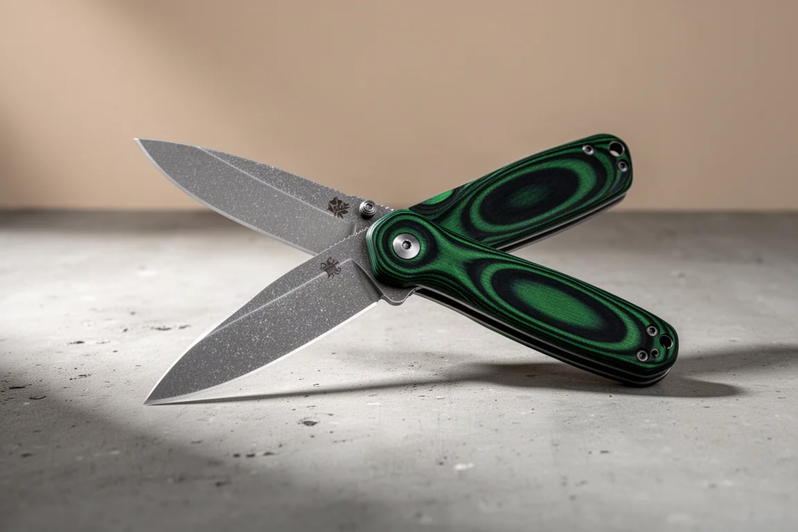 Coltello pieghevole Sativia ST154 con manico in G10 marmorizzato su una superficie di cemento