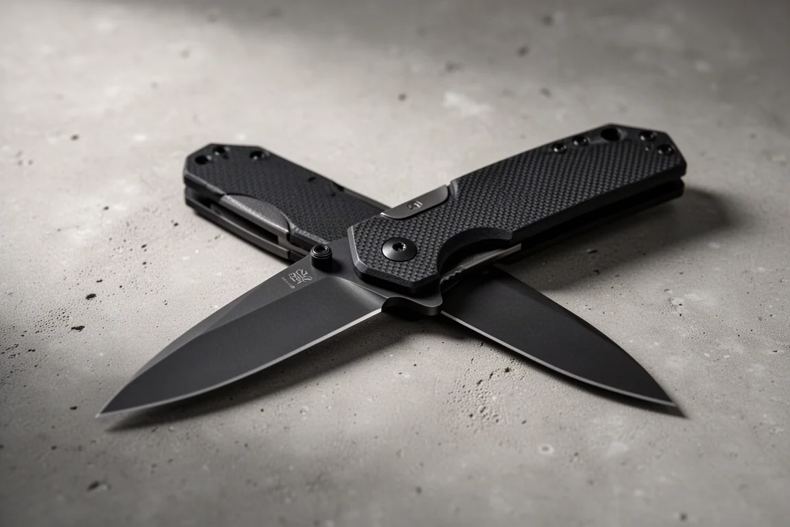 Schwarzes G10-Klappmesser mit beschichteter Klinge auf matteder Betonoberfläche
