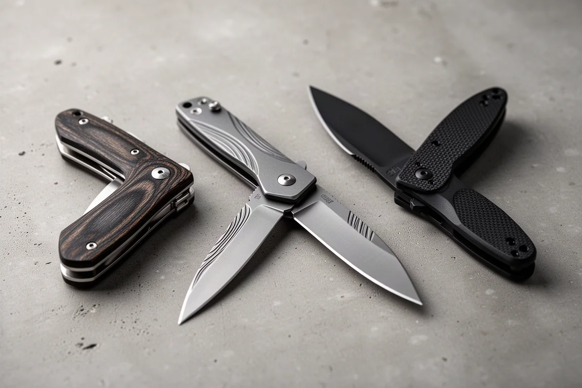 Three folding pocket knives lined up on a matte concrete surface
