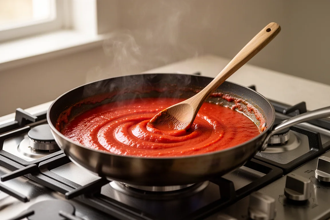 Köchelnde Sauce, die in einer breiten Pfanne auf dem Herd umgerührt wird