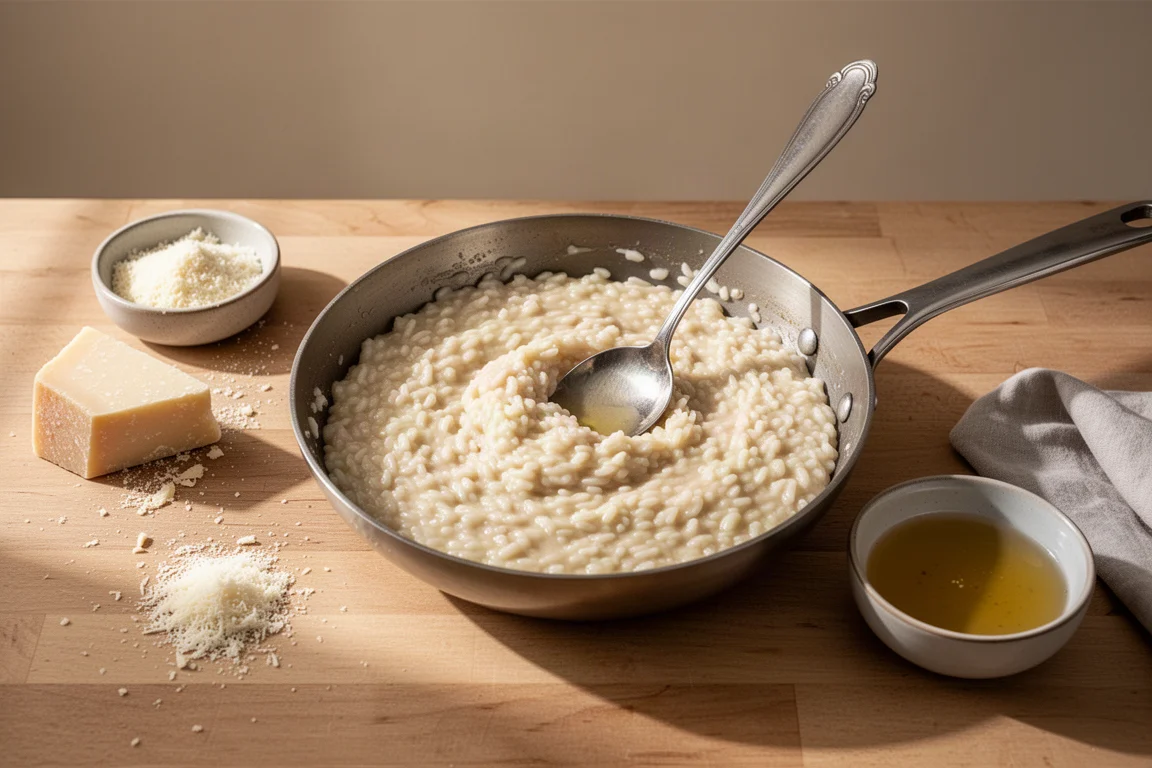 Cremiges Risotto, das in einer Pfanne mit geschwungenen Wänden aufgeschlagen wird