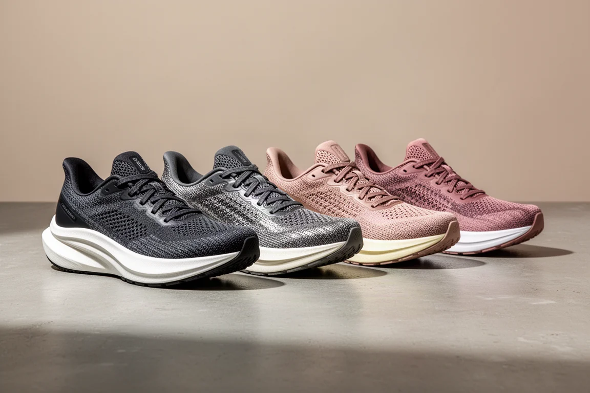 Sei scarpe da running Saucony da strada allineate su una superficie in cemento