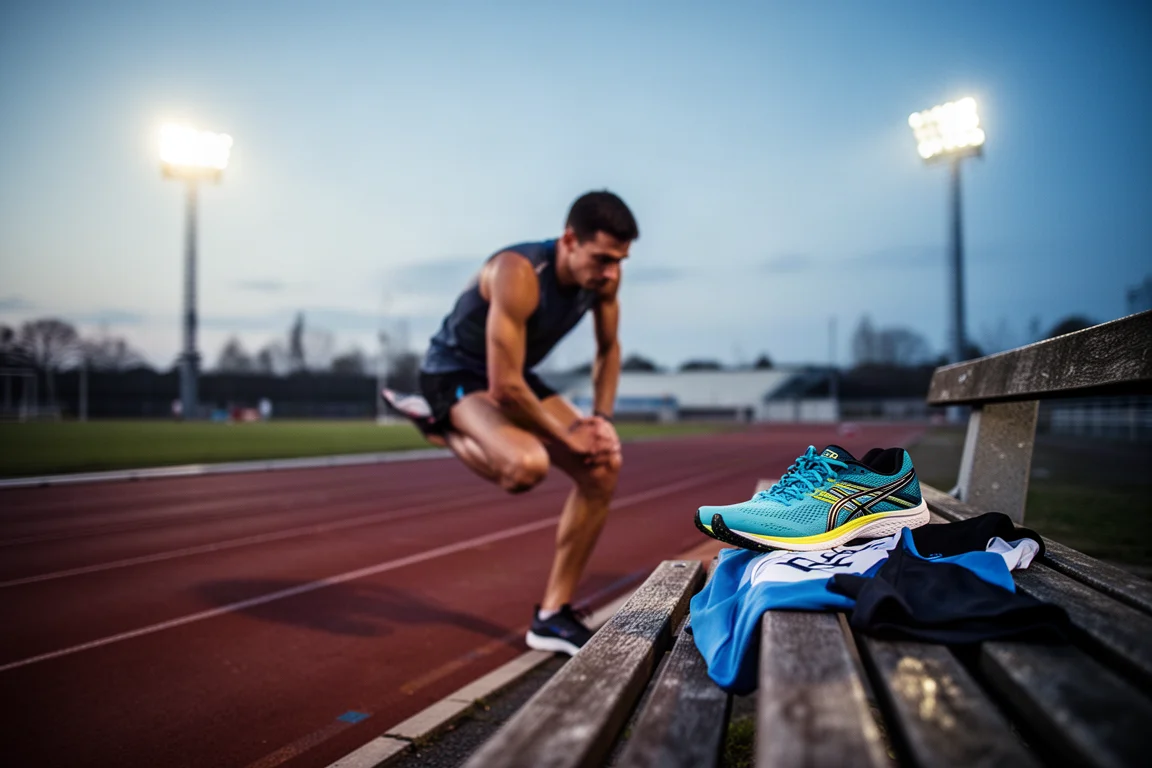 Corredor estirándose junto a la pista durante un entrenamiento de maratón al atardecer
