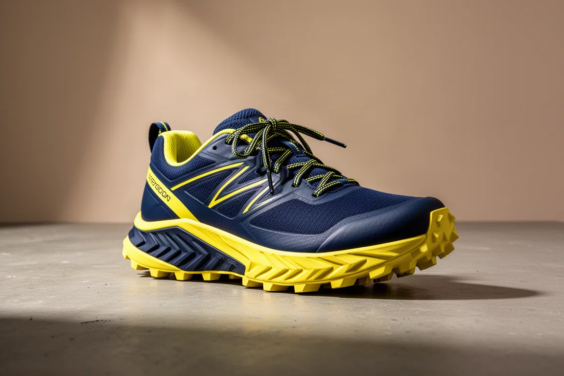 Marineblauer und gelber Trailrunningschuh auf einer Betonfläche