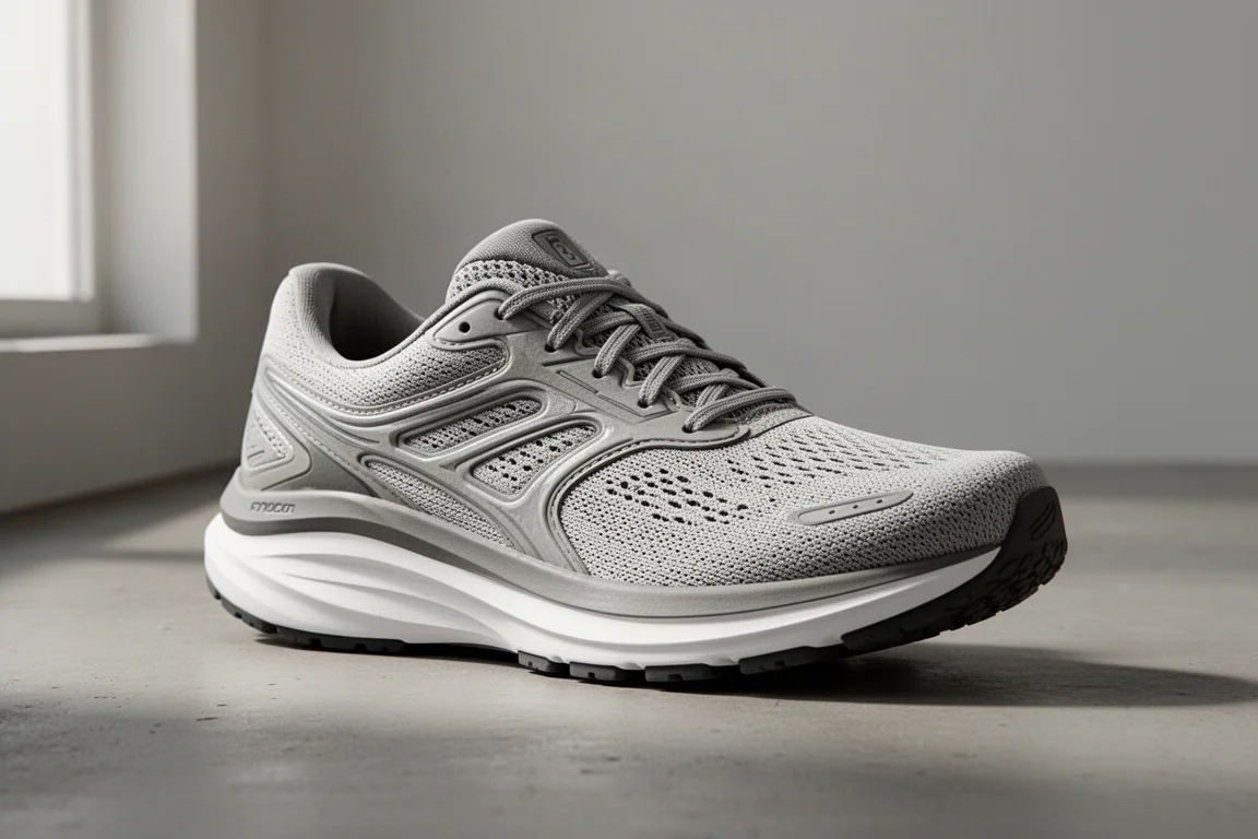 Tênis de corrida Saucony Axon 2 sobre uma superfície de concreto ao lado de uma estrada de montanha