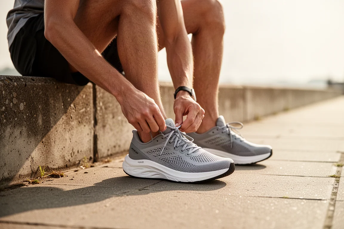 Läufer schnürt einen Laufschuh aus Mesh-Gewebe auf sonnigem Asphalt