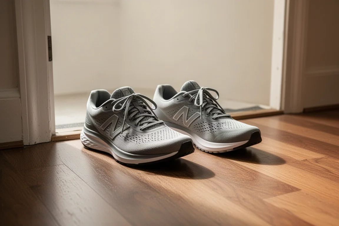 Paar Laufschuhe nebeneinander auf einem Holzfußboden