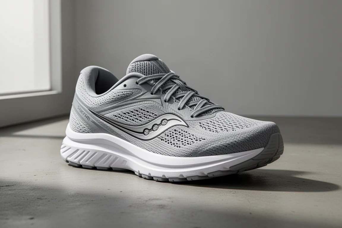 Saucony Axon 3 running shoe with thick white midsole on concrete surface