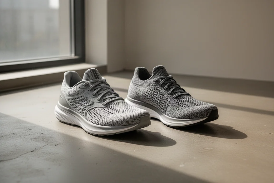Zwei Laufschuhe nebeneinander auf einem Betonboden bei natürlichem Licht