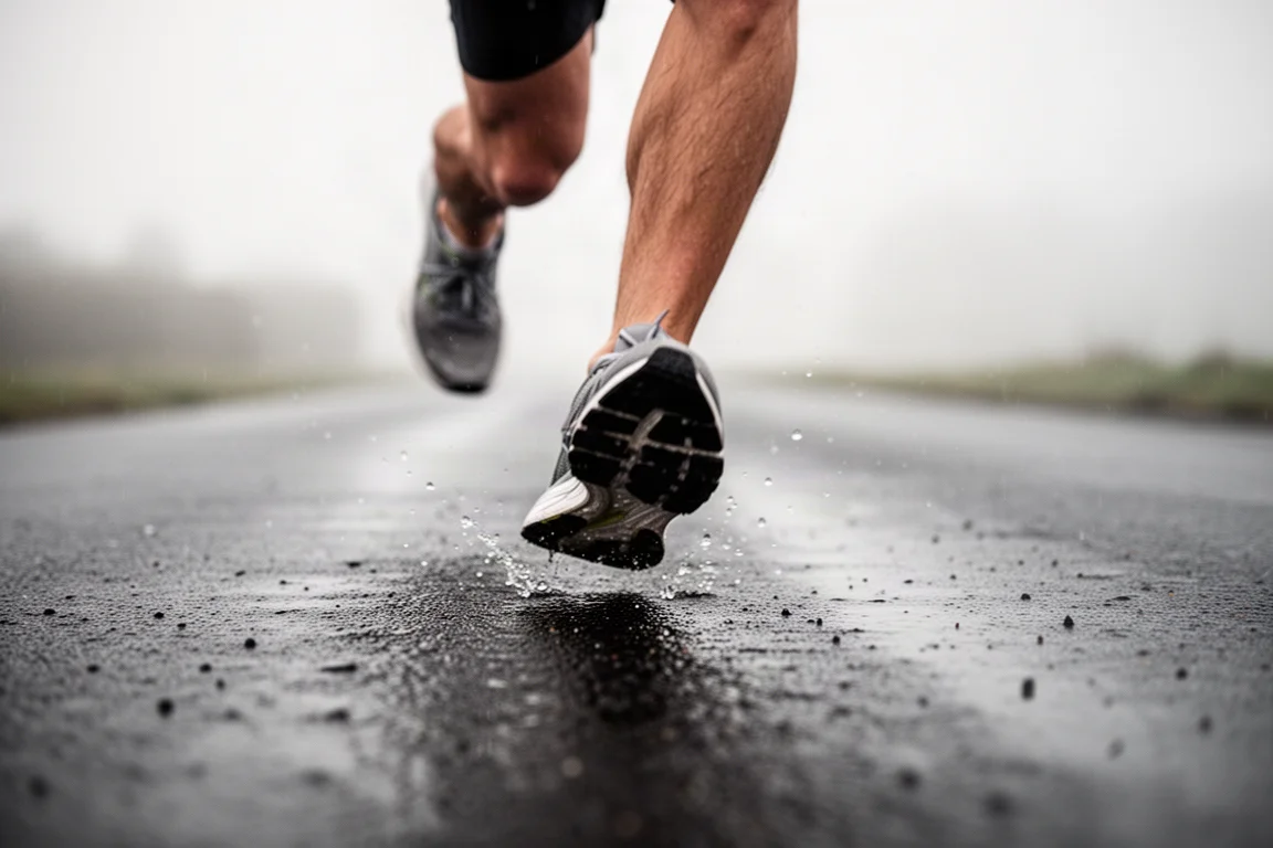 Läuferfüße in Bewegung auf nassem Asphalt bei einem lockeren Morgenlauf