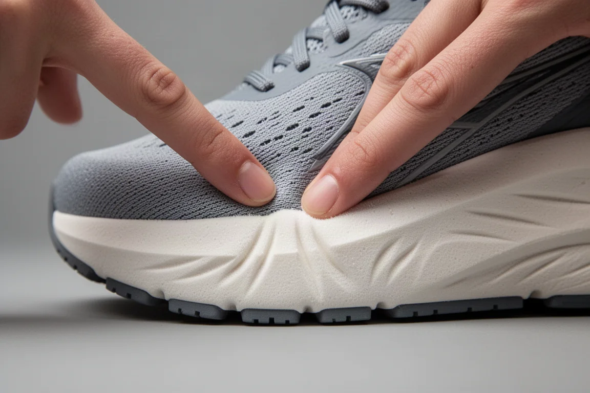 Primo piano della midsole di una scarpa da running premuta con il pollice per testarne la rigidità
