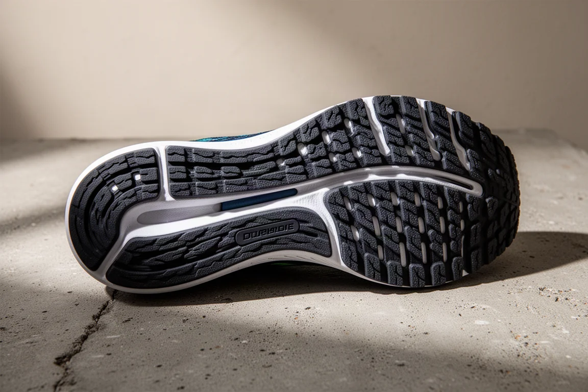 Dettaglio della suola di una scarpa da running con copertura in gomma resistente e una scanalatura sul tallone